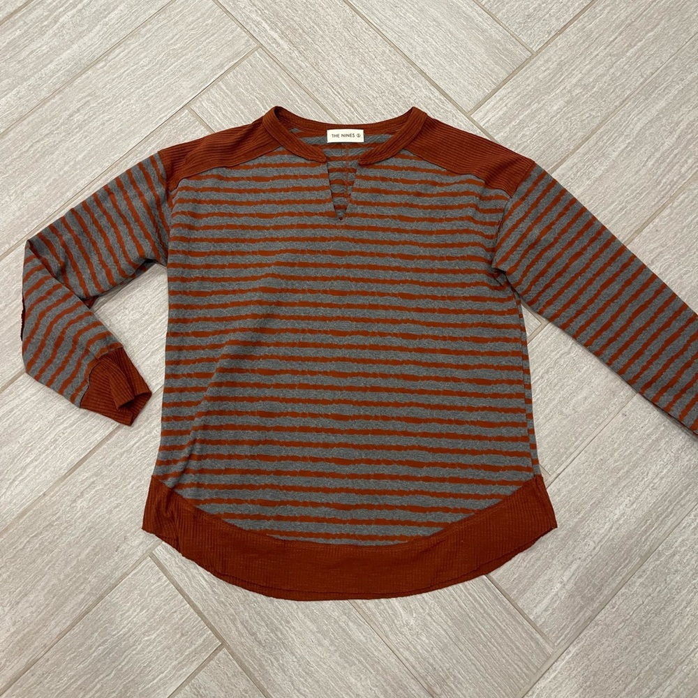 Striped Gray and Rust Long Sleeve Sweater